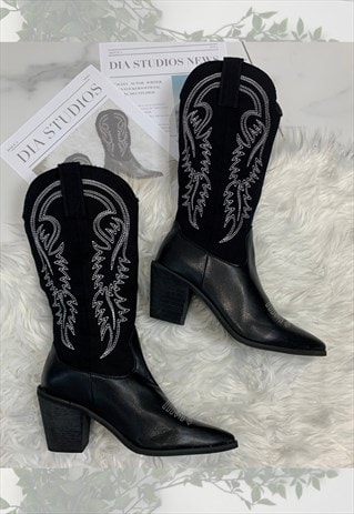 COWBOY BOOTS BLACK MID CALF WESTERN COWGIRL BOOTS