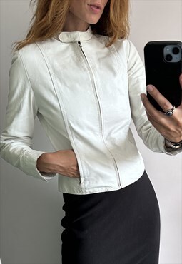 White Leather Skinny Zip Crop Jacket 
