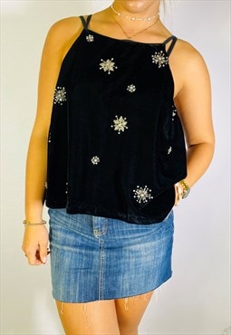 Vintage Size L Y2K Velvet Embellished Top In Black