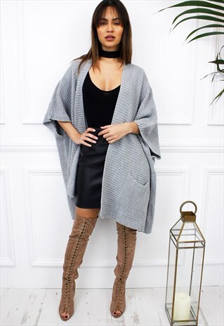 GREY SLOUCHY OVERSIZED JUMPER KNITTED 3/4 SLEEVE CARDIGAN