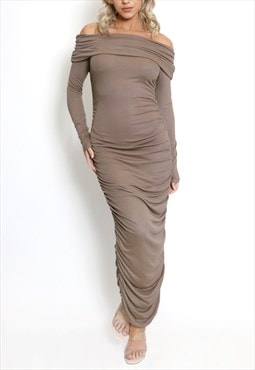 Bardot Side Ruched Midi Dress In Taupe