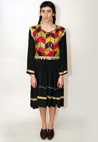 VINTAGE BEADED DRESS (M) DANCE 70S ETHNIC FOLK PEASANT BOHO