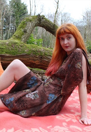 VINTAGE BROWN & BLUE FLORAL DRESS WITH ASYMMETRIC HEM