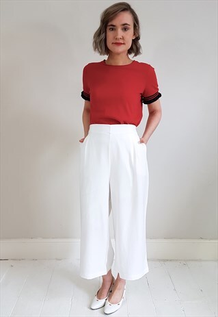 Y2K VINTAGE STYLE WHITE WIDE LEG CROPPED TROUSERS