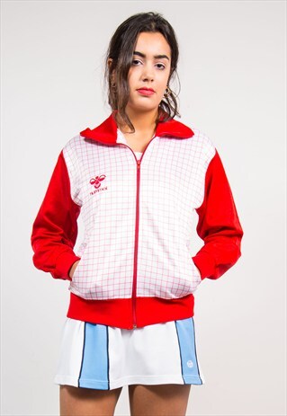 VINTAGE 90'S RED CHECK PATTERN HUMMEL TRACKSUIT JACKET