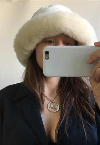 VINTAGE CREAM FAUX FUR SUEDETTE OVERSIZED BUCKET HAT