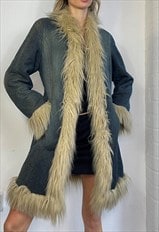 Vintage Y2k Afghan Coat Denim Faux Fur Trim Long Grunge