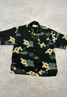 Vintage Hawaiian Shirt Flower and Palm Tree Patterned Shirt