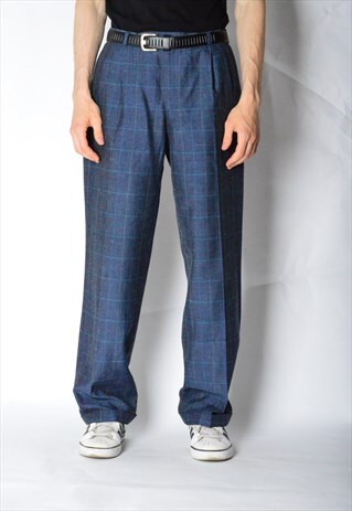 VINTAGE 70S NAVY BLUE STRIPED CHECK PANTS