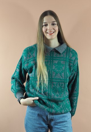 VINTAGE GREY AND TEAL KNIT JUMPER