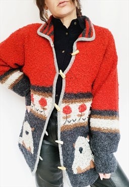 Retro 1990s red chunky part wool oversized cardigan sweater