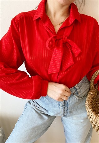VINTAGE 70S PUSSY BOW PARISIAN CHIC SHIMMER SHIRT BLOUSE TOP