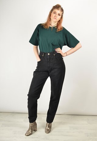 VINTAGE 90S BLACK HIGH WAIST TAPERED JEANS WITH STITCHING