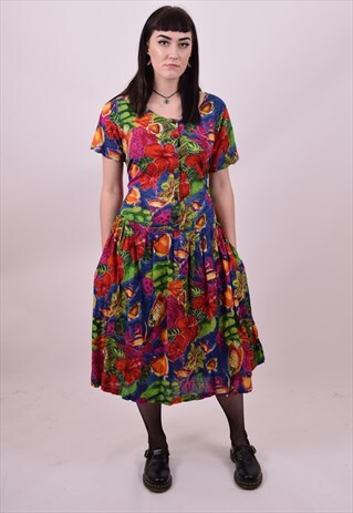 VINTAGE 80'S BRIGHT CRAZY FISH PRINT DRESS SIZE 10 12 14