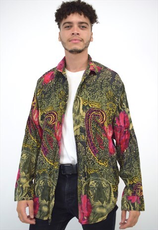 VINTAGE 90S GREEN PINK PAISLEY PRINT SHIRT