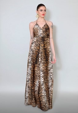 70's Vintage Animal Print Brown Black Halter Maxi Dress