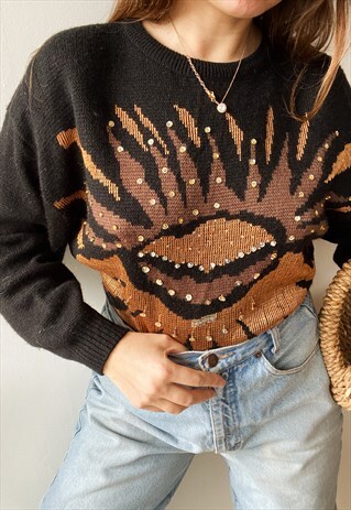 VINTAGE 80S ART DECO LUXE SEQUINNED ABSTRACT KNIT JUMPER