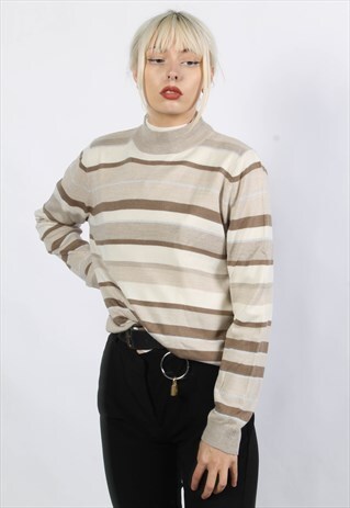 VINTAGE 80'S STRIPED TURTLE NECK JUMPER BROWN