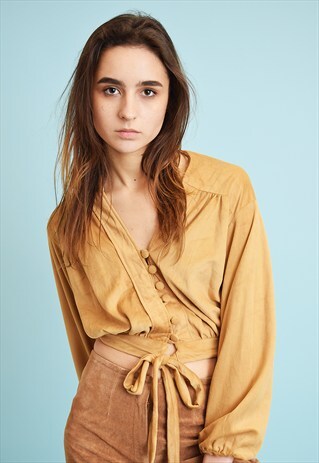 COOL 70'S RETRO BOHO FAUX SUEDE CROP TOP BLOUSE
