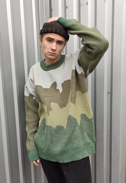 Abstract print sweater earth knitted camo jumper green