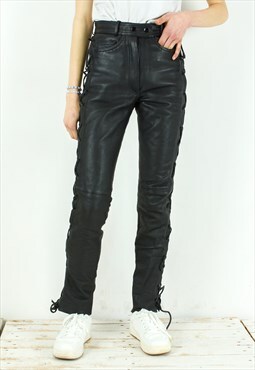 Black Leather Pants Tapered Lace Up Trousers High Waist Bike