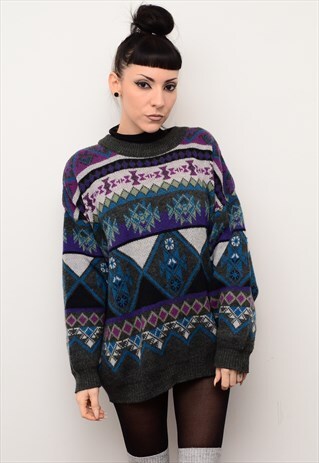 VINTAGE 90'S RETRO ABSTRACT PATTERNED CHUNKY SLOUCHY JUMPER