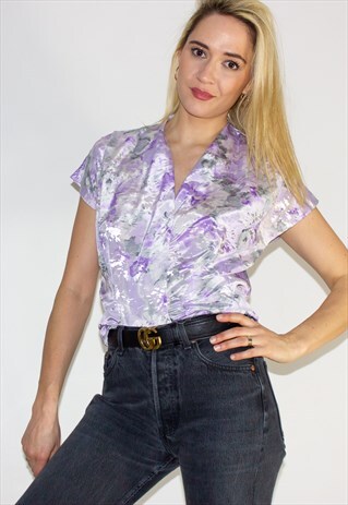 VINTAGE 80'S LILAC PRINTED V BLOUSE