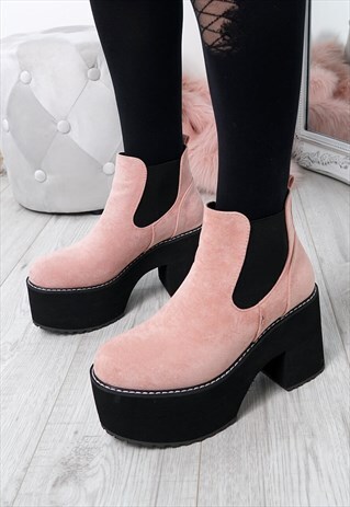 PINK WOMENS CHELSEA BOOTS PLATFORM BLOCK HEEL SHOES