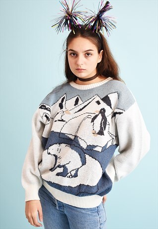 90'S RETRO ANTARCTICA PATTERN KNIT SLOUCHY CHRISTMAS JUMPER