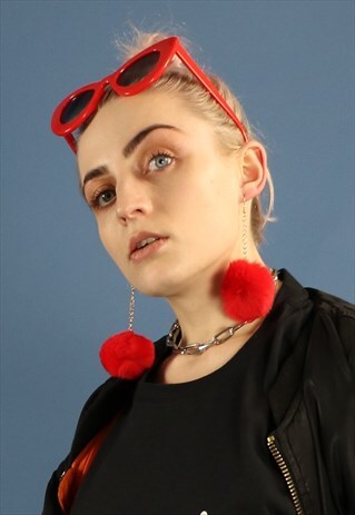 FLUFFY POMPOM EARRINGS IN RED