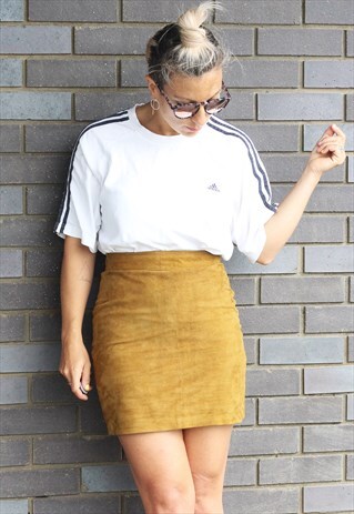 VINTAGE 1990S SUEDE MUSTARD HIGH WAISTED MINI SKIRT