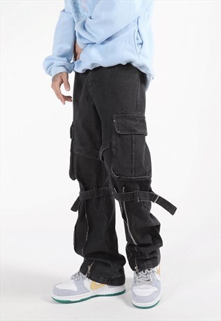 ALODIS MULTI-POCKET LACE-UP WASHED DISTRESSED JEANS