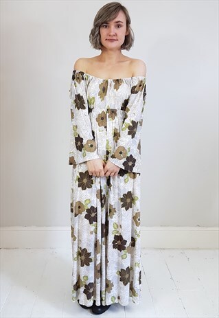 VINTAGE 70'S WHITE AND BROWN OFF SHOULDER SHEER JUMPSUIT