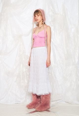 Vintage 90s Maxi Skirt in White Ruched Cottagecore