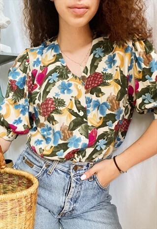 VINTAGE 80S TROPICANA FRUIT FLORAL PRINT BOHEME BLOUSE TOP