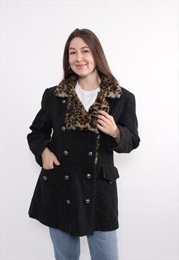 90s double breasted coat, vintage leopard print collar coat