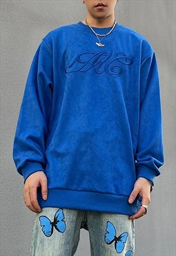 Blue embroidered Oversized Suede Sweatshirts Unisex Y2k