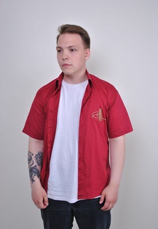 80S RED WORKER SHIRT,VINTAGE GOLD ABSTRACT PRINT BUTTON DOWN