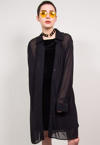 VINTAGE 90'S BLACK SHEER OVERSIZED GRUNGE MIDI SHIRT