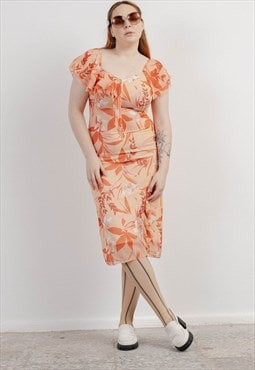 Vintage Y2k Peach Floral Ruffle Shoulder Slit Dress M