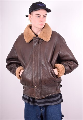 MENS VINTAGE SHEARLING JACKET XL BROWN 90'S