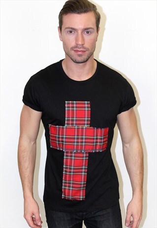 GRUNGE BLACK UNIQUE TEE WITH TARTAN CROSS PUNK FESTIVAL TOP