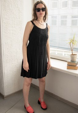 Vintage 80's Black Embroidered Front Mini Dress