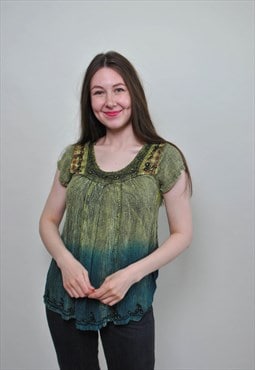 Green boho blouse vintage summer holiday shirt, women 90s 