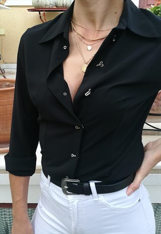 VINTAGE 90S MINIMAL BUTTON UP BLACK SHIRT WITH LONG SLEEVES