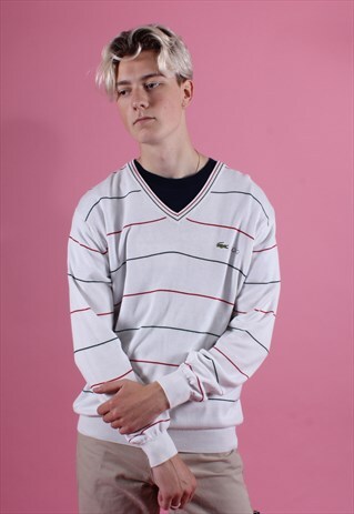 LACOSTE WHITE V NECK SWEATSHIRT WITH RED AND GREEN STRIPES