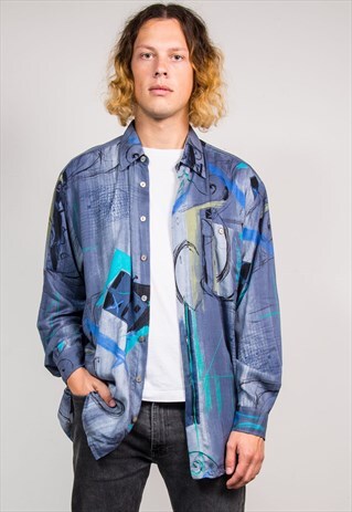 90'S VINTAGE BLUE CRAZY ABSTRACT PATTERN SHIRT