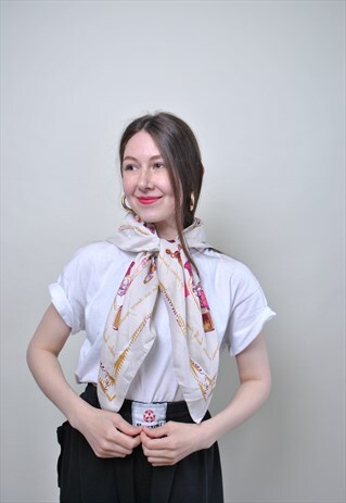 WHITE LUXURY SHAWL, 90S GOLD PRINT HAIR SCARF, VINTAGE 1990S
