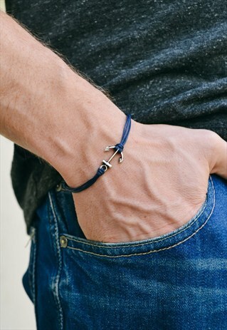 ANCHOR BRACELET FOR MEN, SILVER ANCHOR AND BLUE CORD, GIFT