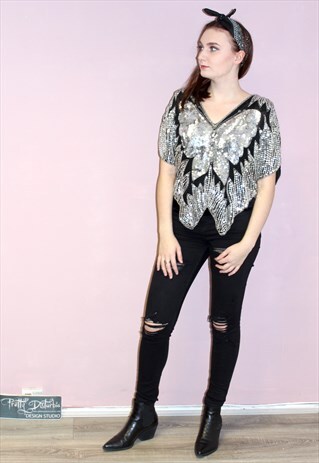 BLACK & SILVER BUTTERFLY SEQUIN TOP EVENING PARTY FESTIVAL